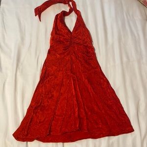 Red halter dress with open back